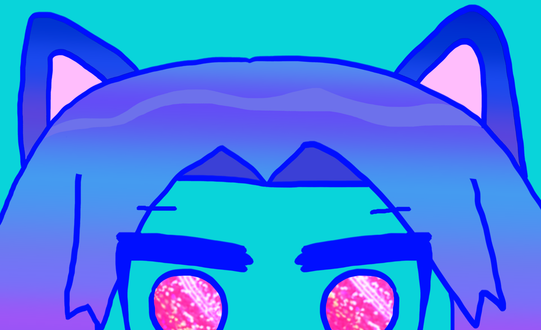 Big sparkle red eyes catboy Antonio Chandrani-Rivera with glossy bluish purple berry hair and darker gradient blue cat ears.